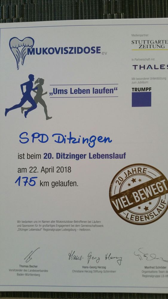 Die Urkunde der SPD Ditzingen für die Teilnahme am 20. Lebenslauf